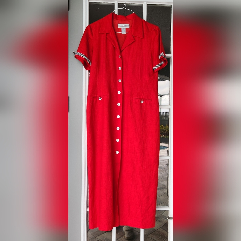 Vintage Jessica Howard Women Maxi Dress 12Red Linen Blend Button Up 90s